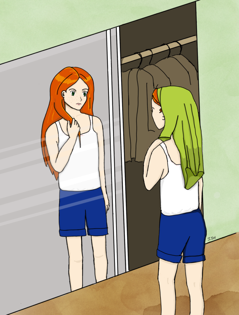 I look in the mirror with a T-shirt over my hair and imagine myself with long straight hair.