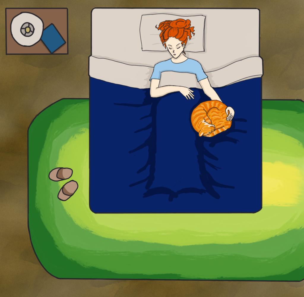 Image showing a girl asleep in a bed, with a cat curled up against her side