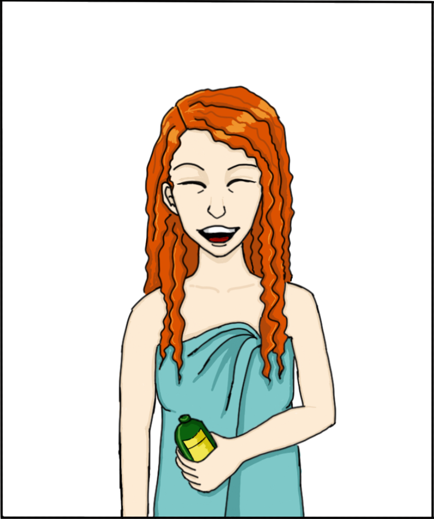 Panel 2: Image of a woman in a towel, holding the hair product bottle, and laughing.