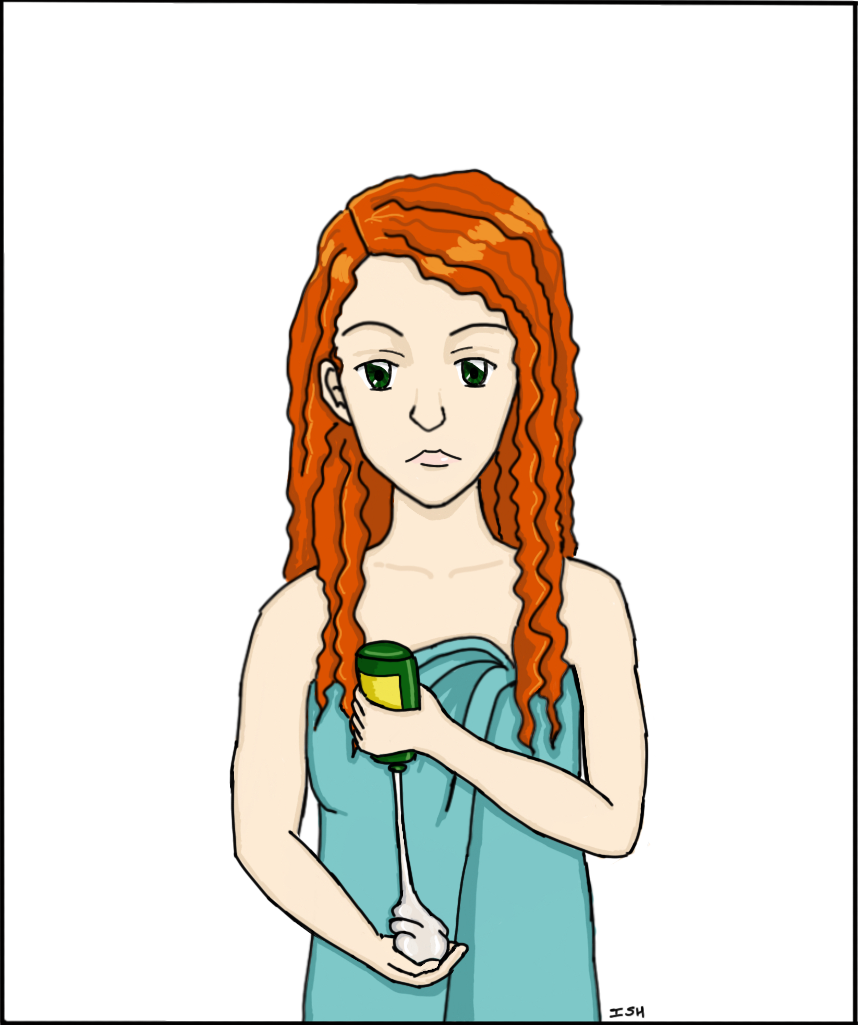 Panel 3: Image of the woman in the towel dispensing a huge amount of product from the bottle.