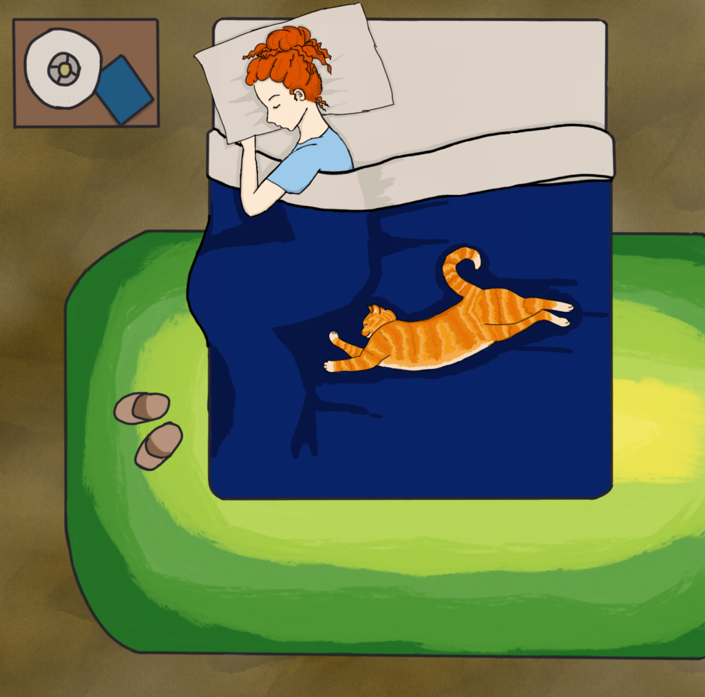 Image showing a cat stretched out across most of a bed, while a girl sleeps on the edge of the bed.