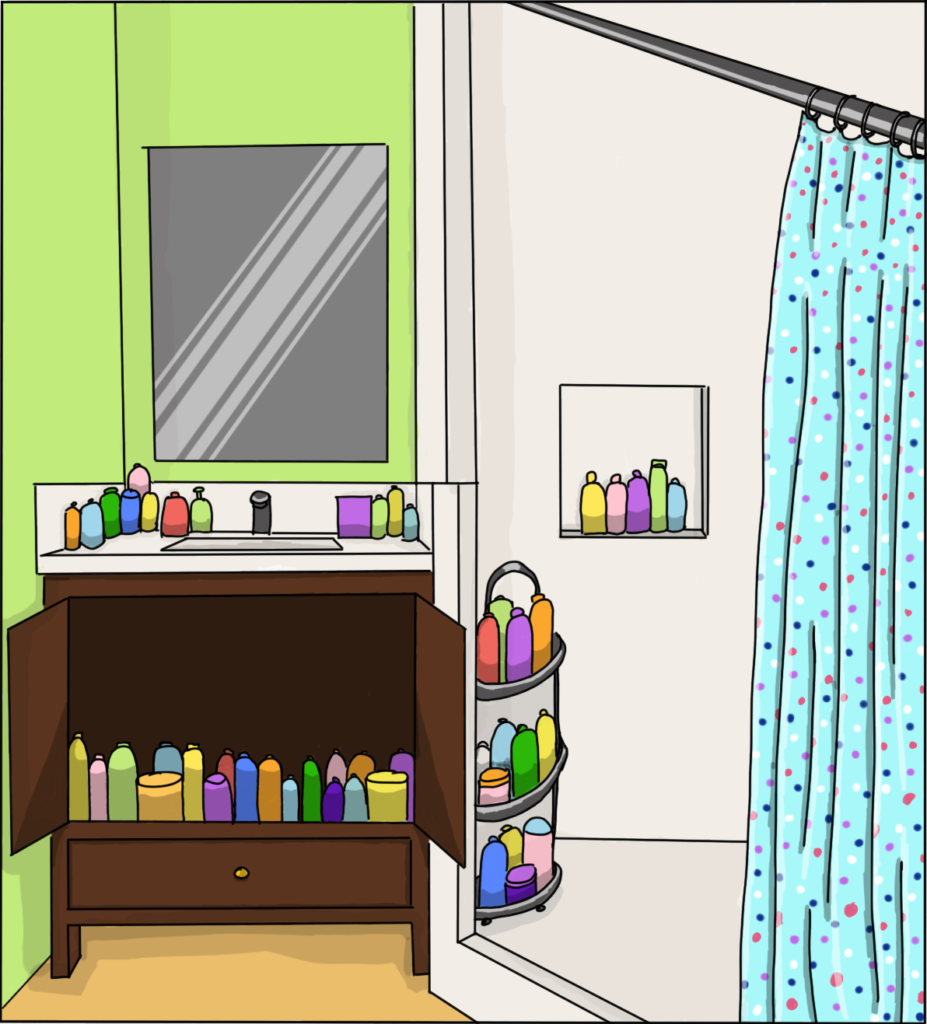 Panel 2: An image of a bathroom showing dozens of product bottles filling the sink and shower.