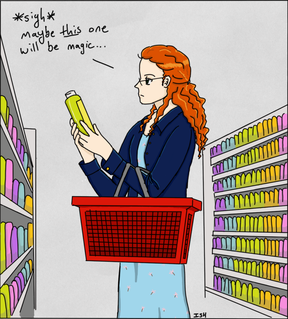 Panel 1: An image of a woman in a store, examining a bottle of hair product. A speech bubble reads, "*sigh* maybe THIS one will be magic..."