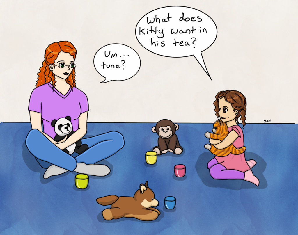 An image showing a little girl and her aunt having a tea party with several stuffed animals: a cat, monkey, dog, and panda. The little girl holds the stuffed cat and asks, "What does Kitty want in his tea?" The aunt answers, "Um... tuna?"