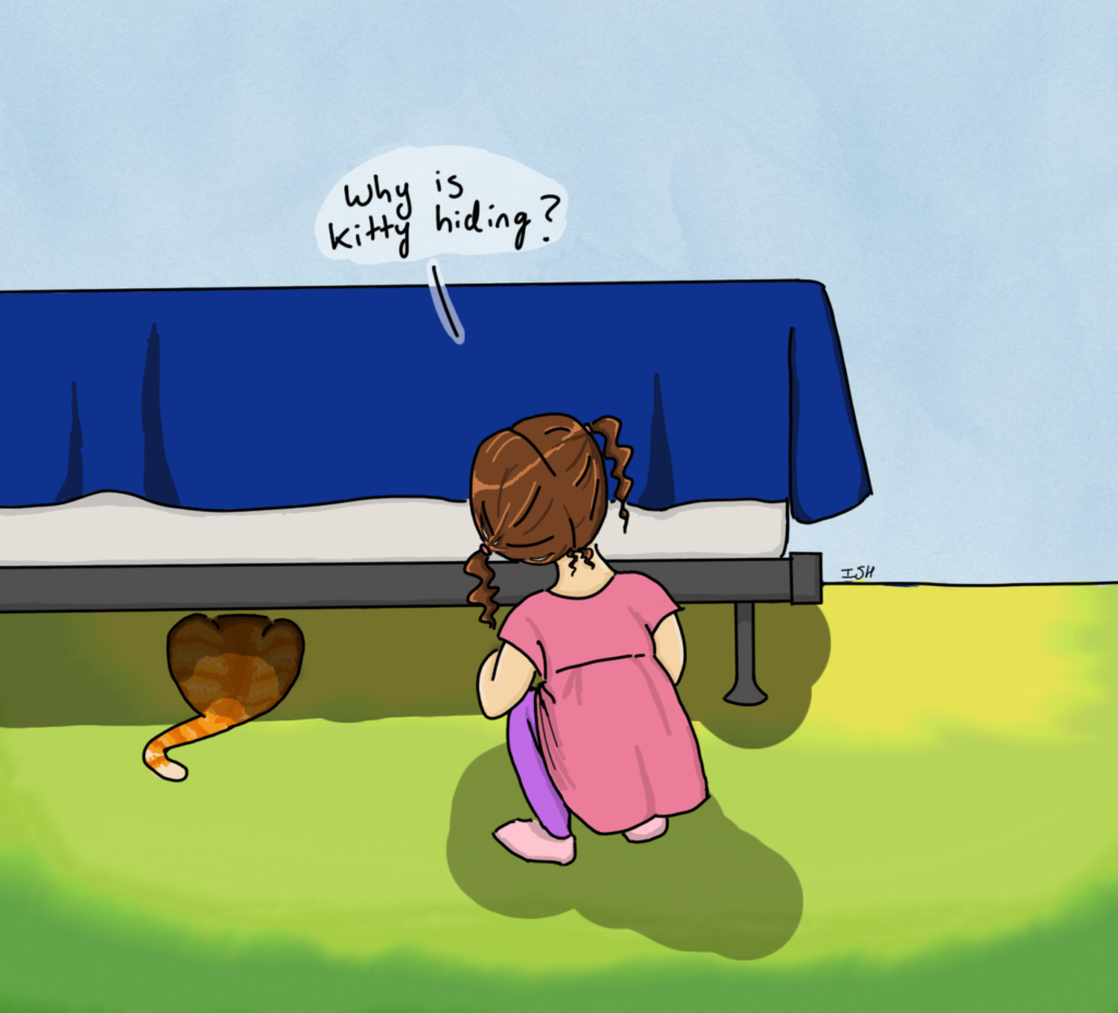 An orange tabby cat hides under a bed. A little girl crouches nearby and asks, "Why is Kitty hiding?"