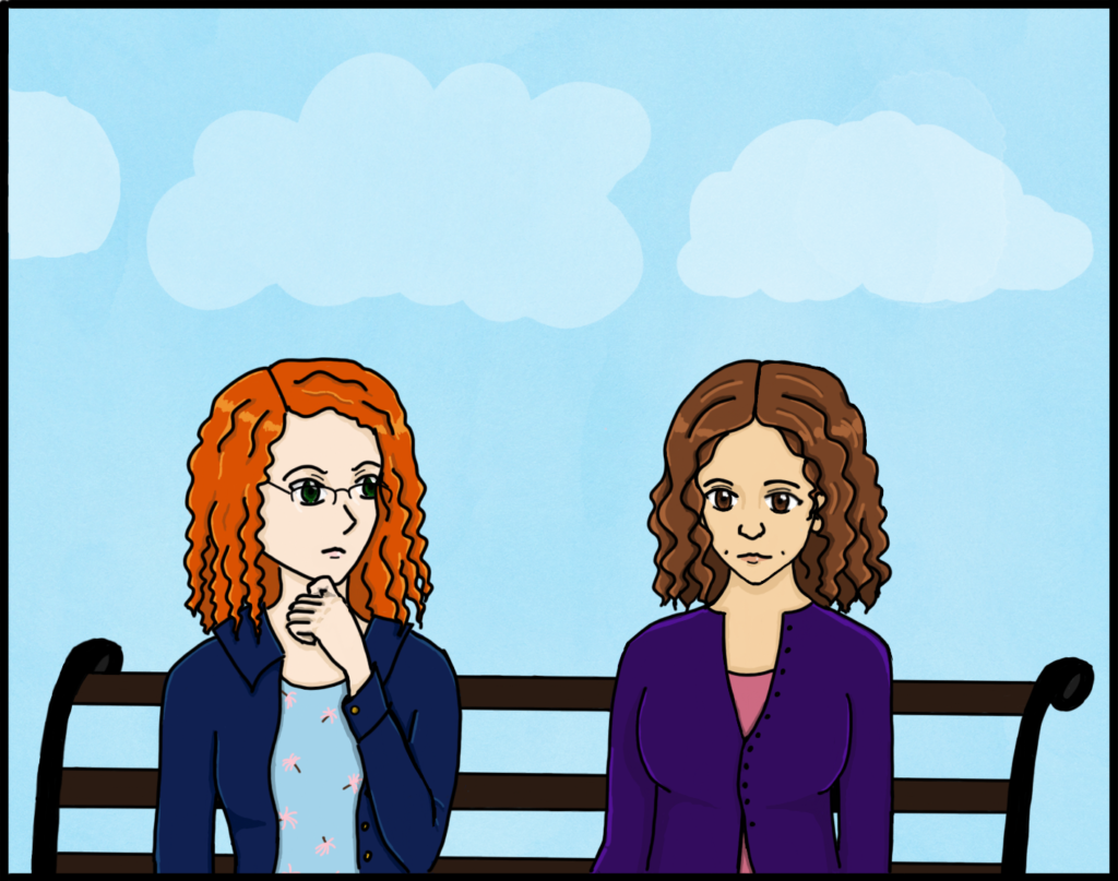 Panel 2: Two curly-haired women sit on a park bench. The one on the left looks at the one on the right with a contemplative expression on her face.