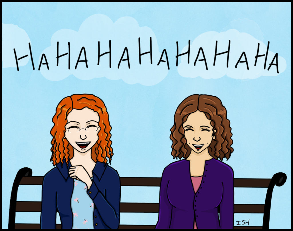 Panel 4: Two curly-haired women sit on a park bench, laughing.