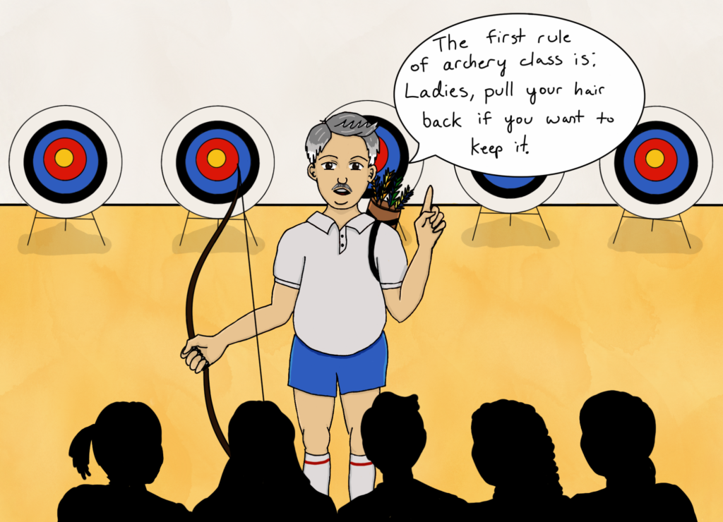 Image of an archery class, with student silhouettes in the foreground, and targets in the background. The instructor is an man holding a bow, with a quiver of arrows. He says, "The first rule of archery class is: Ladies, pull your hair back if you want to keep it."