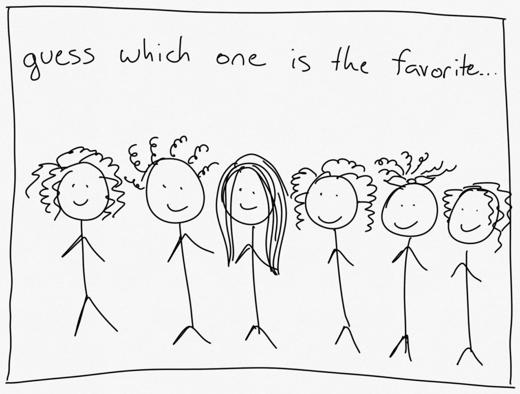 An image of a stick figure drawing. There are 6 stick figures; 5 have curly hair, 1 has straight hair. The text reads, "guess which one is the favorite..."