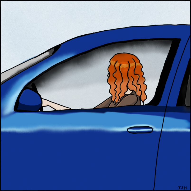 Image showing a woman driving a car. Her face is in profile, and obscured by her curly hair.
