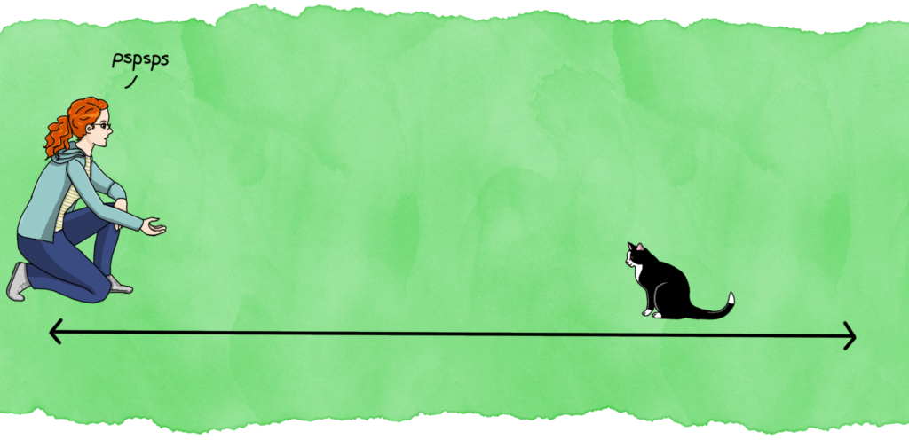 Panel 3: The cat stops walking. The woman holds out her hand and says "pspsps."