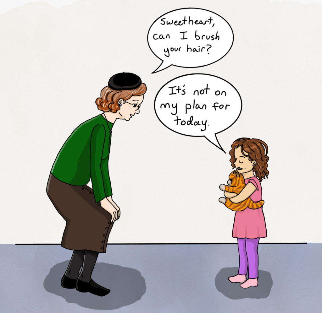 Panel 1: A grandmother asks her young granddaughter, "Sweetheart, can I brush your hair?" The child responds, "It's not on my plan for today."