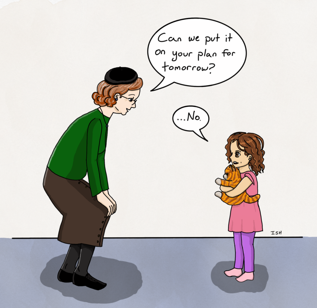 Panel 2: The grandmother asks, "Can we put it on your plan for tomorrow?" The child answers, "...No."