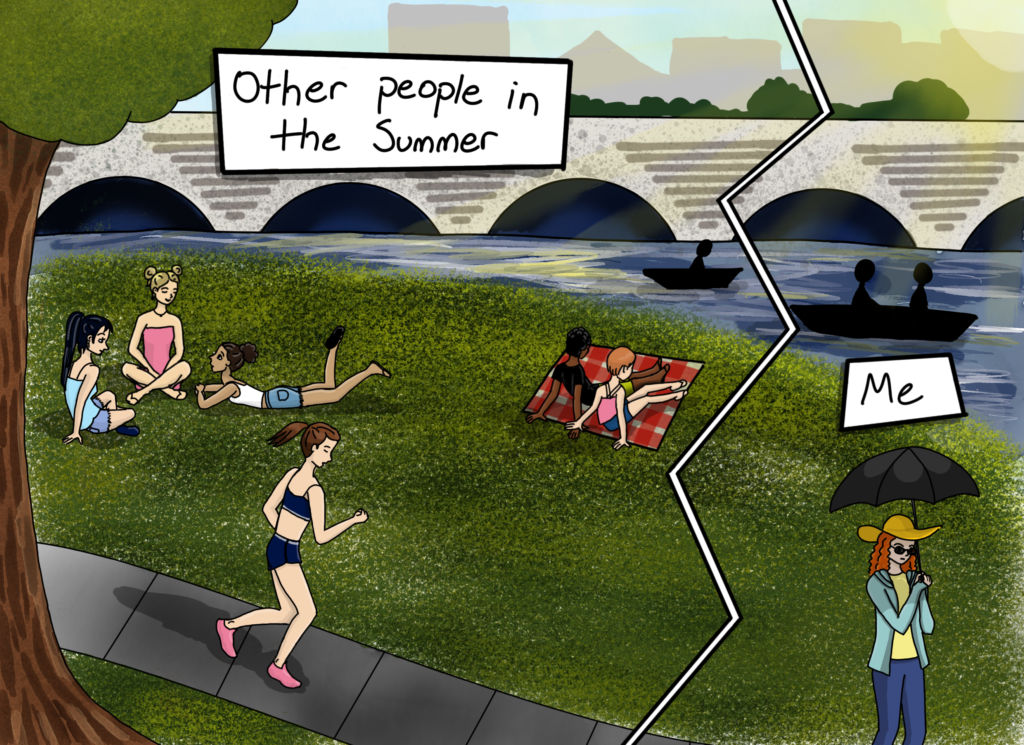 A summer scene along a river. In the background, is a bridge and a cityscape. People ride in boats along the river. In the foreground, people lounge around on the grass, wearing brief, light summer clothing. A jogger runs by in shorts and a sports bra. The drawing is separated into 2 sections. On the left, with all the lounging, scantily-clad people, the text over the image reads "other people in the summer." On the right, the text reads "me" over a woman wearing full-length sleeves, jeans, sunglasses, and a hat, and carrying an umbrella.