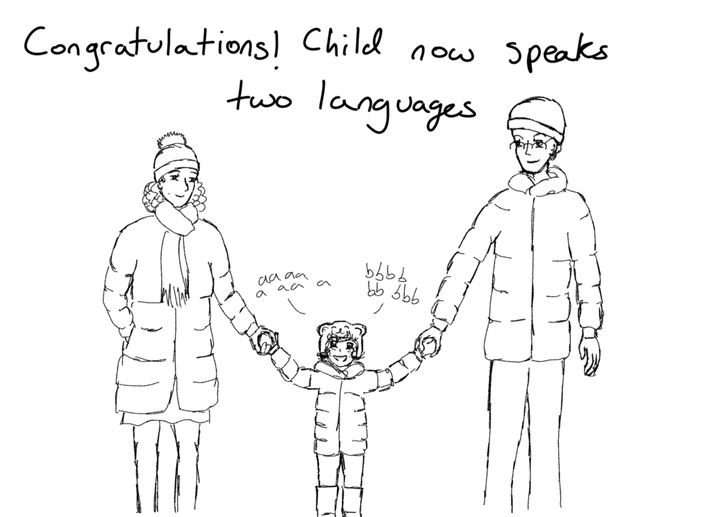 Panel 3: Congratulations! Child now speaks two languages. The parents are walking with the child, now slightly older. She speaks in two distinct groupings of lowercase 'a's and 'b's.