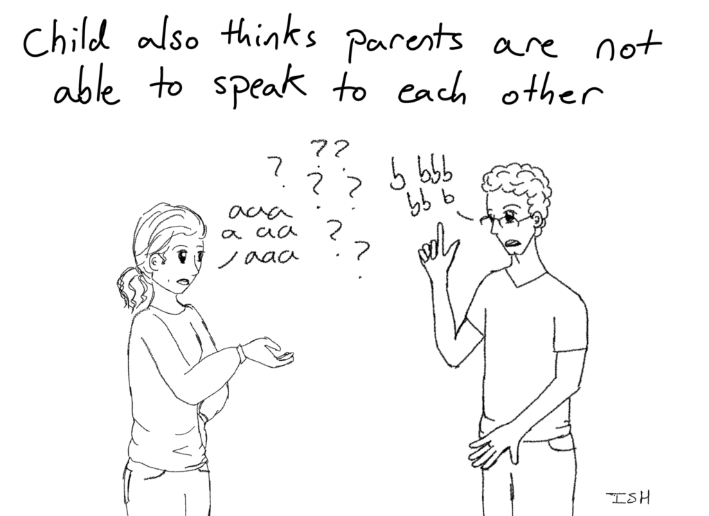 Panel 4: Child also thinks parents are not able to speak to each other. The parents are trying to speak to each other; the mother speaks in lowercase 'a's and the father in lowercase 'b's. A bunch of questions marks are in the air between them.
