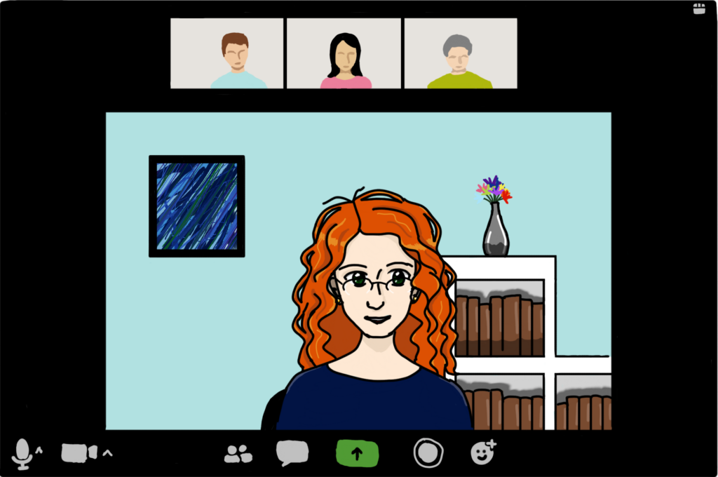 A drawing of a Zoom meeting window. There are four people on the call, with a curly-haired woman in the main window.