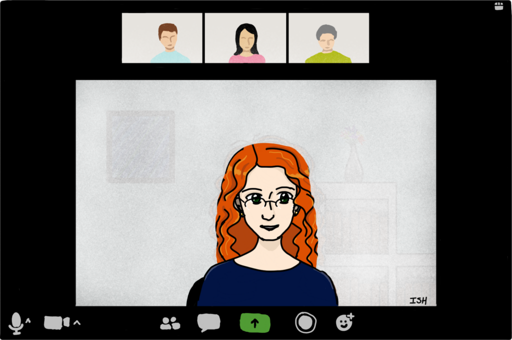 The same drawing of a Zoom meeting, but the background of the central window is blurred. This cuts off the edges of the curly woman's hair.