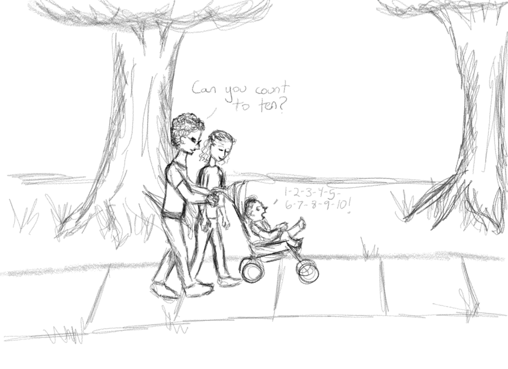Panel 1: A couple are walking along a sidewalk with their toddler in a stroller. The man asks the child, "Can you count to ten?" The child responds "1-2-3-4-5-6-7-8-9-10."
