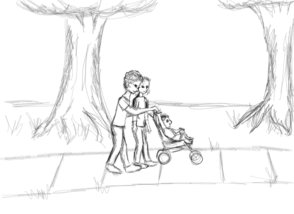 Panel 2: The man hands something to the child.