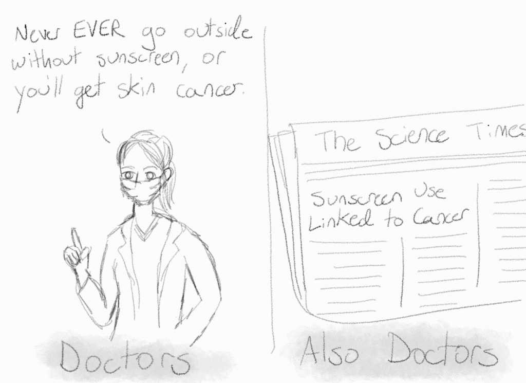 A sketch with two panels. The panel on the left, labeled "Doctors," shows a doctor saying, "Never EVER go outside without sunscreen, or you'll get skin cancer." The panel on the right, labeled "Also Doctors," shows a The Science Times Newspaper, with a headline reading "Sunscreen Use Linked to Cancer."
